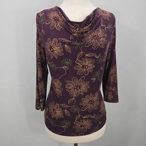 Vtg 90s Y2k Top 12/14 L Multicolor Floral 3/4 Sleeve Stretch Whimsigoth Grunge